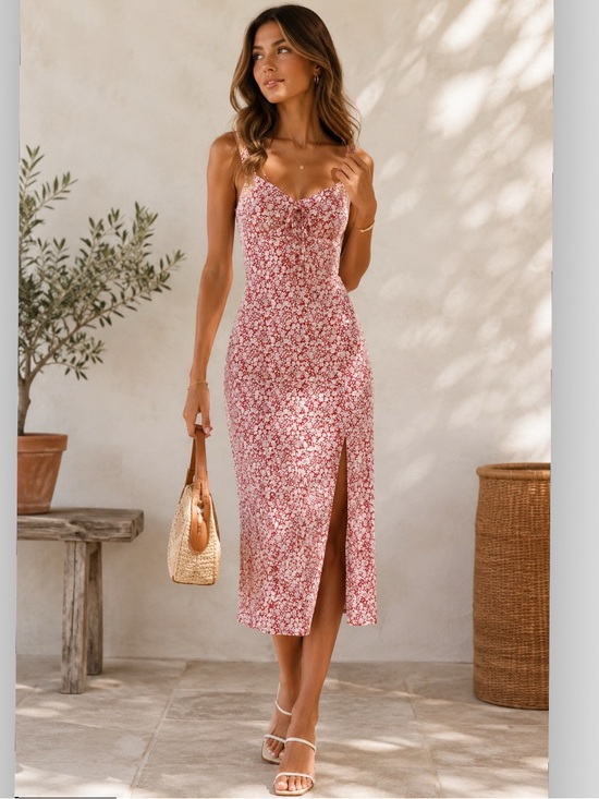 Abercrombie & Fitch Dresses & Skirts - Abercrombie & Fitch Floral Slip Midi Dress Red White Daisy Side Slit Size XS